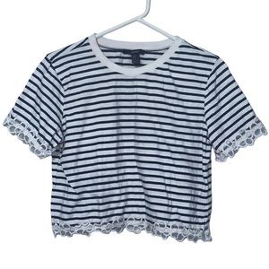 Black and White Striped Lace Trim Top